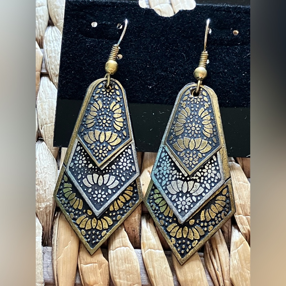 2-Tone Dangle Earrings, Oblong, Flowers, Fish Hook Style